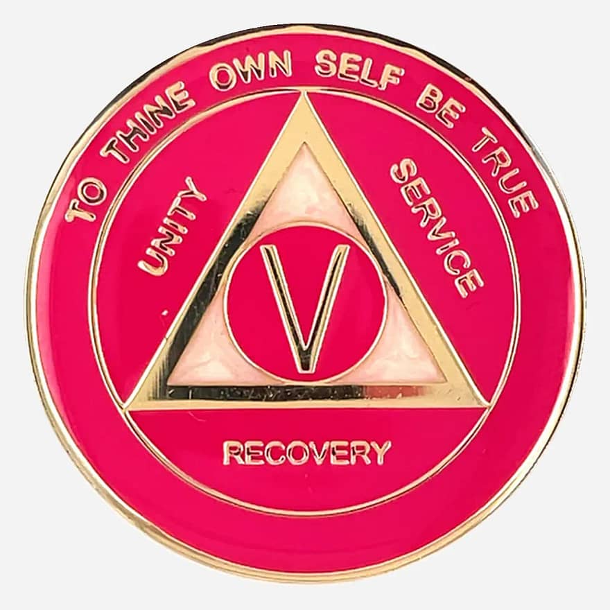 Alcoholics Anonymous medallion (34mm) with a vibrant hot pink enamel border and shimmering pearlized center. Features a gold-plated AA circle and triangle symbol, encircled by 'Unity,' 'Service,' 'Recovery' in gold lettering. The outer edge reads 'To Thine Own Self Be True' and the sobriety year (1-50), all in gold. The coin has a glossy, epoxy-coated finish for durability and vibrant colors.