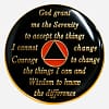 The Serenity Prayer is boldly displayed in orange on this black Triplate AA Token, serving as a powerful reminder of the principles of recovery.