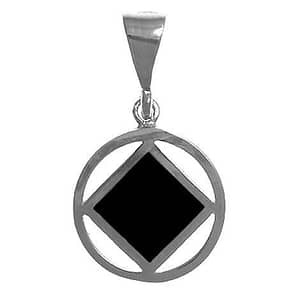 A silver pendant with a black square in the center.