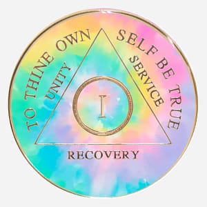 This AA Triplate Token features a mesmerizing tie-dye design in a spectrum of psychedelic colors, accented with gleaming gold, symbolizing the transformative power of recovery.