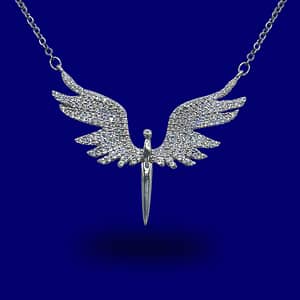 A necklace with an angel wing and sword on it.
