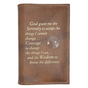 A brown leather wallet with the words " god grant me the serenity to accept the things i cannot change. Courage to change the things i can