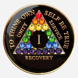 This Crystal AA Medallion displays the vibrant colors of the LGBTQ rainbow flag with Swarovski crystals arranged in the traditional order, symbolizing pride, acceptance, and inclusivity within the recovery community.