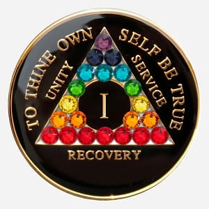 A vibrant spectrum of Swarovski crystals representing the chakra colors is displayed on this Crystal AA Medallion, symbolizing the balance and healing achieved through recovery.