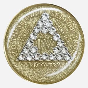 This Crystal AA Medallion radiates warmth and strength. The rich gold glitter and brilliant diamond crystals symbolize the enduring resilience found on the recovery journey.