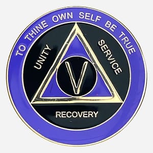 Alcoholics Anonymous sobriety medallion (34mm) featuring a deep black enamel base accented with a rich purple outer ring. A gold-plated AA circle and triangle symbol is centered, framed by 'Unity,' 'Service,' 'Recovery' in matching gold script. The outer rim displays 'To Thine Own Self Be True' at the top and the specific sobriety milestone (1-50 years) at the bottom, all in gold. This coin boasts a protective, glossy epoxy finish, highlighting its elegant design.