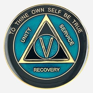 Alcoholics Anonymous medallion (34mm) with a sleek black enamel background and vibrant teal detailing. Features a gold-plated AA circle and triangle symbol, encircled by 'Unity,' 'Service,' 'Recovery' in gold lettering. The outer edge reads 'To Thine Own Self Be True' at the top and the sobriety year (1-50) at the bottom, all in gold. The coin has a glossy, epoxy-coated finish for durability and striking colors.