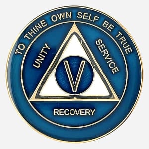 Alcoholics Anonymous medallion (34mm) with a vibrant blue enamel border and a shimmering pearlized center. Features a gold-plated AA circle and triangle symbol, encircled by 'Unity,' 'Service,' 'Recovery' in gold lettering. The outer edge reads 'To Thine Own Self Be True' and the sobriety year (1-50), all in gold. The coin has a glossy, epoxy-coated finish that enhances its rich colors and provides durability.