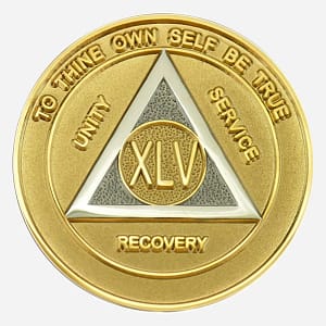 Alcoholics Anonymous medallion (34mm) featuring a striking gold-plated outer border and a shimmering silver-plated center. A prominent gold-plated AA circle and triangle symbol is displayed at the center, encircled by 'Unity,' 'Service,' 'Recovery' in gold lettering. The outer edge bears the inscription 'To Thine Own Self Be True' at the top and the specific sobriety year (1-50) at the bottom, both in gold. The coin has a glossy, epoxy-coated finish, enhancing its metallic luster and providing durability.