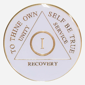 This Triplate AA Token features a radiant gold AA symbol and motto against a pristine white background, symbolizing the preciousness of recovery and the promise of a bright future.