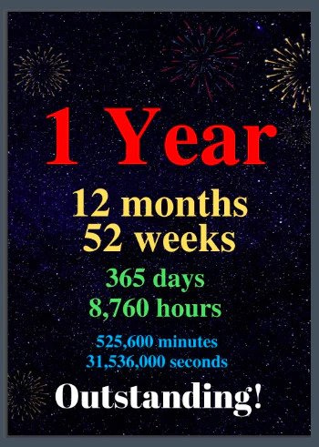 A poster with fireworks and the words " 1 year ".