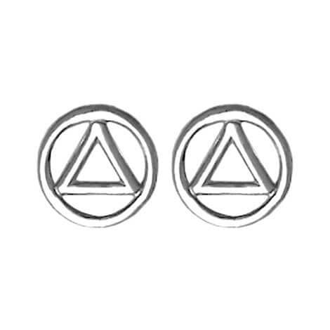 A pair of silver earrings with the symbol for sobriety.