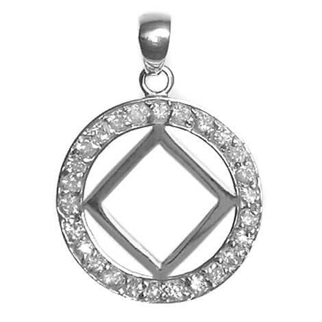 A silver pendant with diamonds in the center.