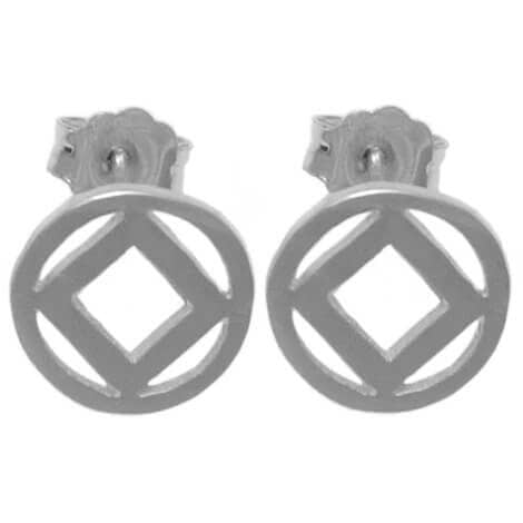 A pair of silver earrings with the symbol for chi rho.