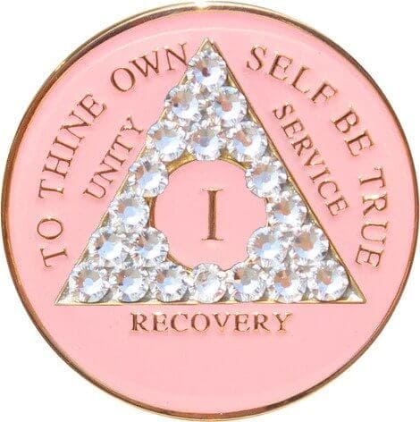 Pink crystal aa medallion sobriety chip year 1-5 0