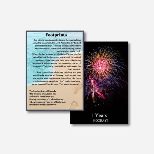 Thoughtful sobriety gifts: Greeting cards for celebrating milestones and offering support - Fireworks, Footprints Prayer, and Beach Shore designs.