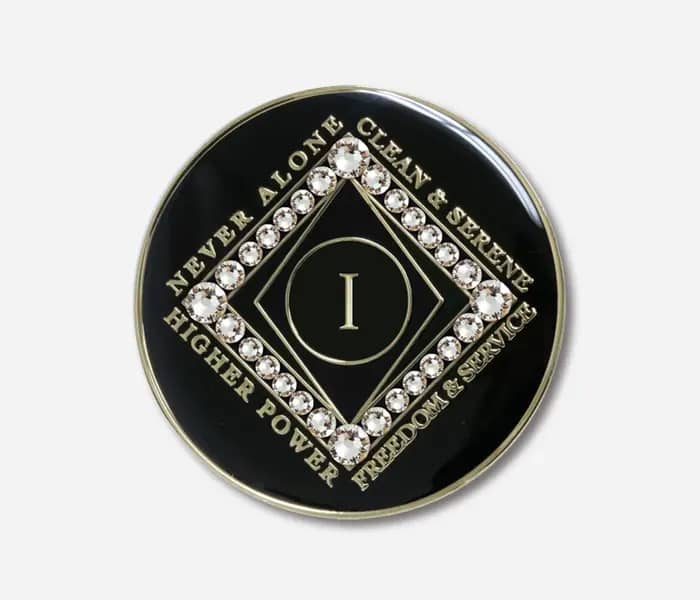 Front view of a Crystal NA Medallion with "Clean Time" inscription in Black and Diamond, celebrating 1-40 years of sobriety.