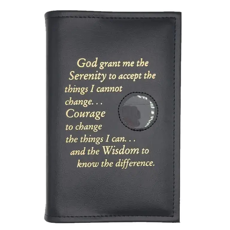 A black wallet with the words " god grant me the serenity to accept things i cannot change. Courage, courage, and the things i can