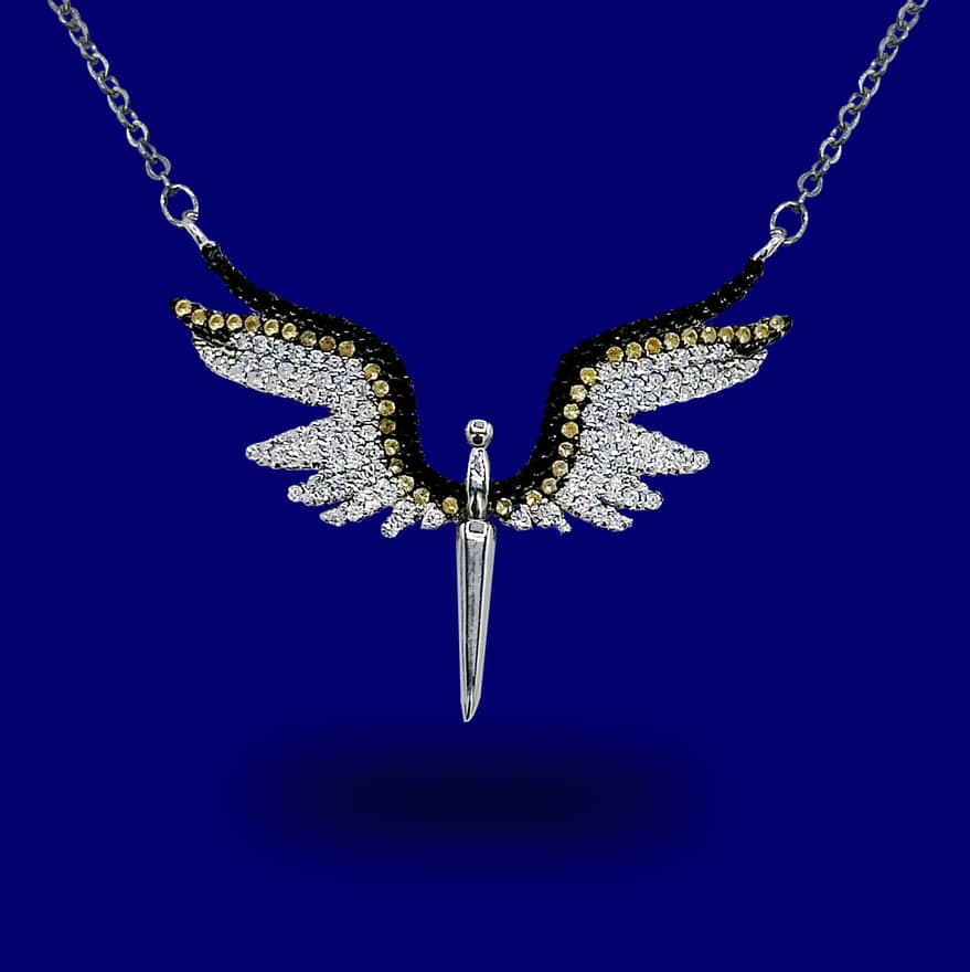 A necklace with an eagle and sword on it