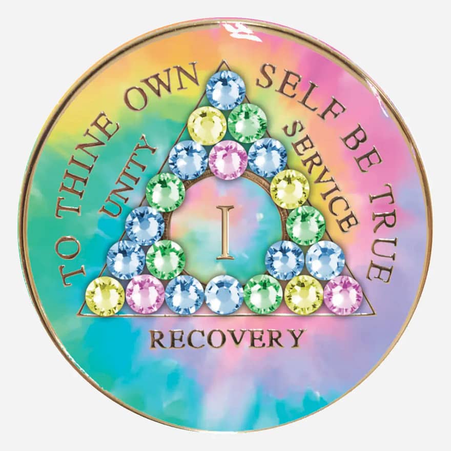 This eye-catching AA Crystal Medallion showcases a swirling pastel tie-dye background, accented by a vibrant mix of multicolored Swarovski crystals, symbolizing the unique and transformative journey of recovery.