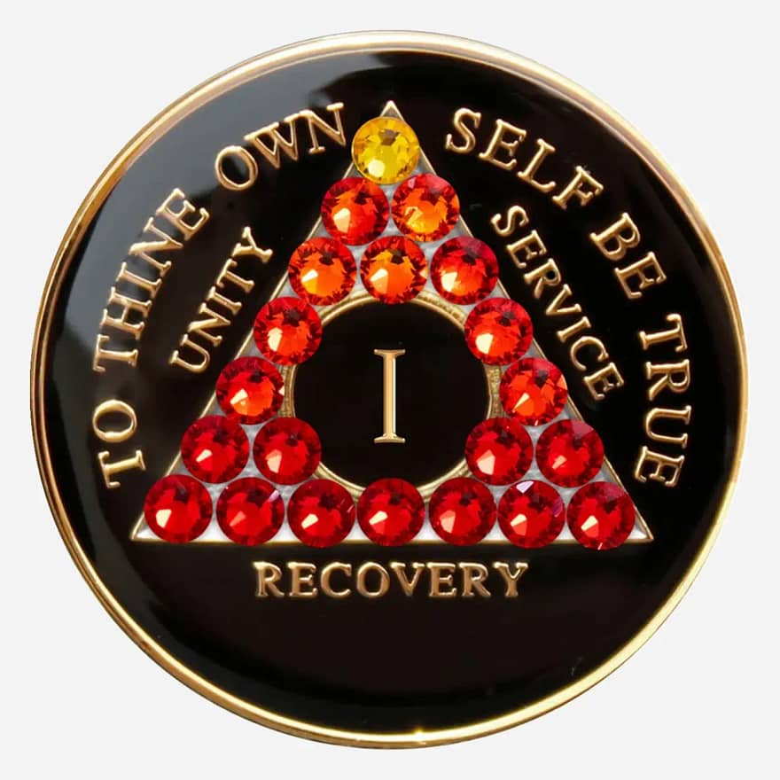 Black crystal AA medallion with a fiery red transition, featuring the gold-plated AA symbol and sobriety year options (1-50).