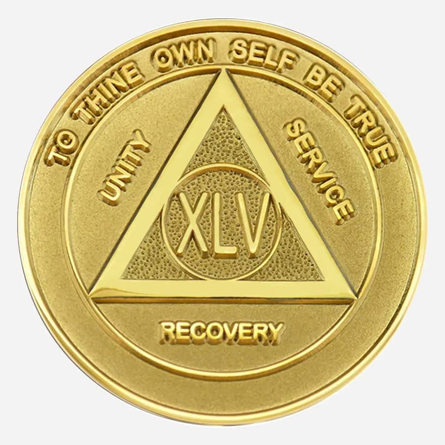 A gleaming, entirely gold-plated Alcoholics Anonymous medallion (34mm) showcasing a unified design. The center prominently features a gold AA circle and triangle symbol, surrounded by 'Unity,' 'Service,' and 'Recovery' in matching gold lettering. The outer rim displays 'To Thine Own Self Be True' at the top and the specific sobriety year (1-50) at the bottom, all in gold. This coin boasts a glossy, protective epoxy coating, enhancing its radiant finish and durability.