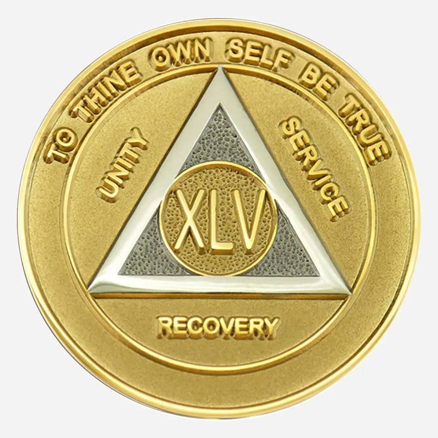 Alcoholics Anonymous medallion (34mm) featuring a striking gold-plated outer border and a shimmering silver-plated center. A prominent gold-plated AA circle and triangle symbol is displayed at the center, encircled by 'Unity,' 'Service,' 'Recovery' in gold lettering. The outer edge bears the inscription 'To Thine Own Self Be True' at the top and the specific sobriety year (1-50) at the bottom, both in gold. The coin has a glossy, epoxy-coated finish, enhancing its metallic luster and providing durability.