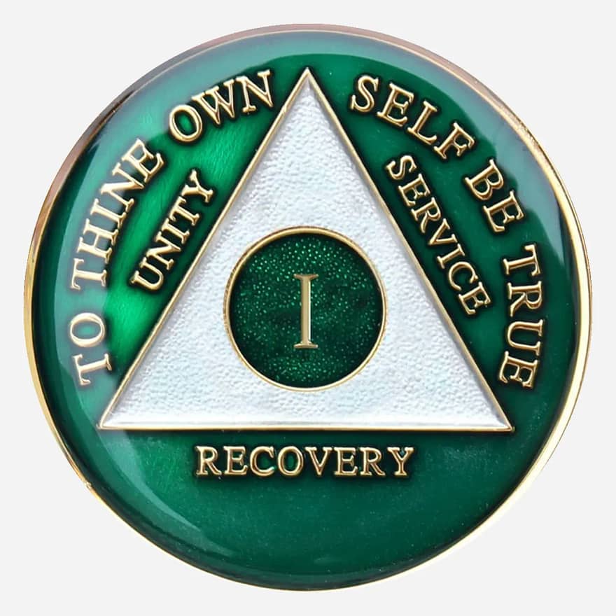 Symbolizing growth and renewal, this Triplate AA Token showcases a vibrant green AA symbol and motto against a white background, representing the flourishing life possible in recovery.