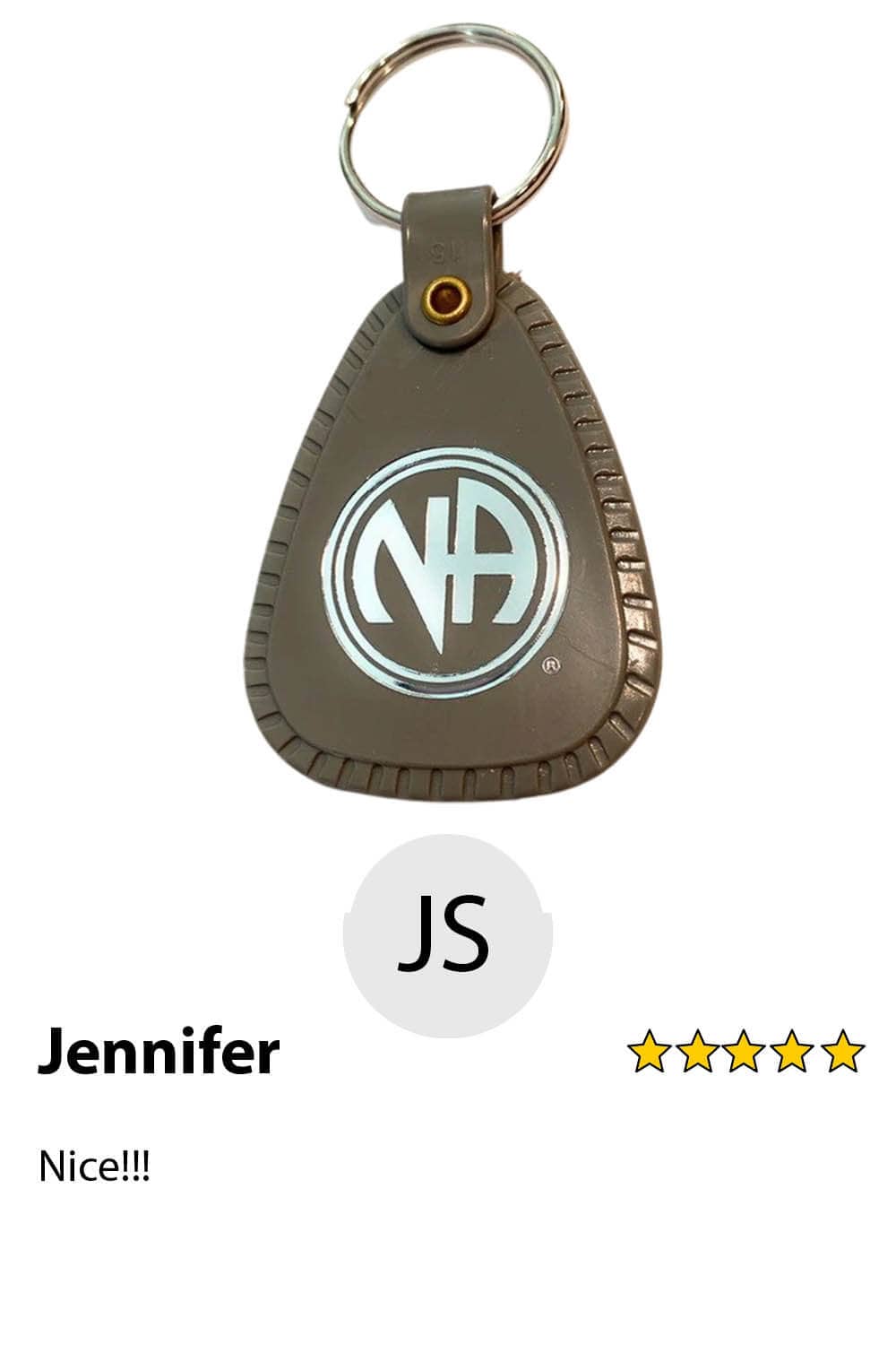 A brown leather key chain with the initials of jennifer.